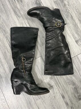 Fiorentini + Baker Black Leather Knee-High Buckle Boots